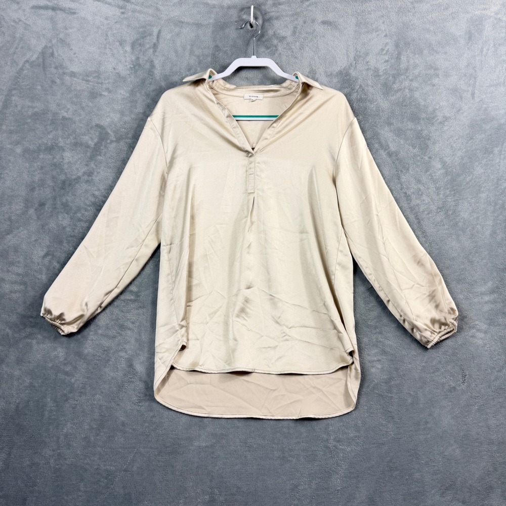Pleione Womens S Tan Long Sleeve Satin Blouse V-Neck High-Low Quiet Luxury Top